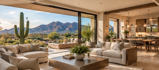 Illustrative luxury home interior with desert views